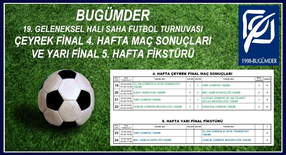 BUGÜMDER 19. GELENEKSEL HALI SAHA FUTBOL TURNUVASI ÇEYREK FİNAL 4. HAFTA MAÇ SONUÇLARI VE YARI FİNAL 5. HAFTA FİKSTÜRÜ / 14.05.2026