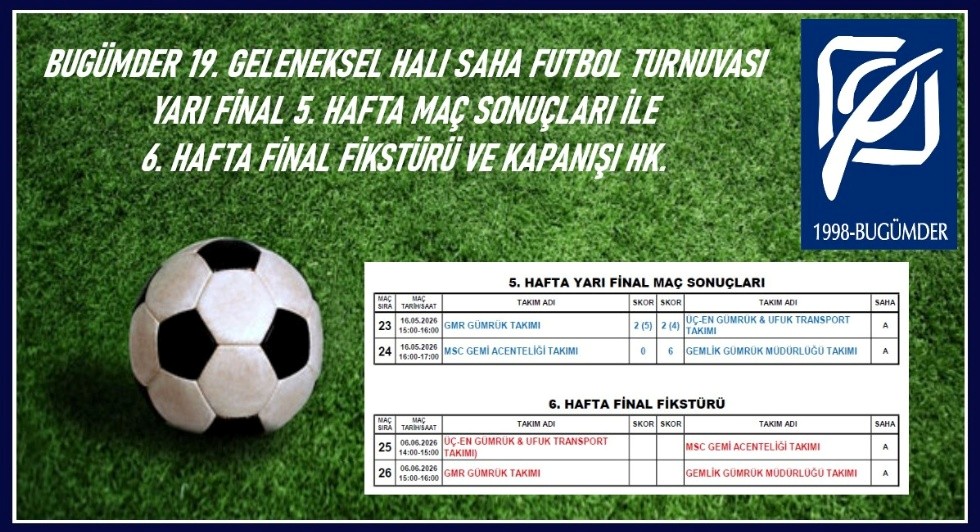 BUGÜMDER 19. GELENEKSEL HALI SAHA FUTBOL TURNUVASI YARI FİNAL 5. HAFTA MAÇ SONUÇLARI İLE 6. HAFTA FİNAL FİKSTÜRÜ VE KAPANIŞI HK. / 01.06.2026 